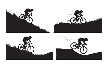 Mountain Biker Silhouette Set - Downhill Extreme Sport Action Vector Graphic