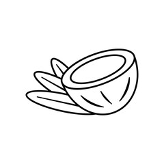 Black and white drawing of a halved coconut with palm leaves