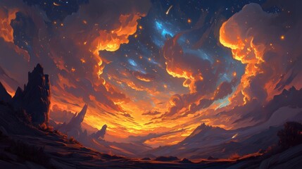 Stunning cosmic sunset paints dramatic fiery clouds across vast alien landscape under a star-filled sky