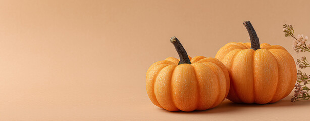 Isolated pumpkin on beige background for Halloween or thanksgiving day , Soft color scheme image suitable for advertising autumn goods, fairs and events.