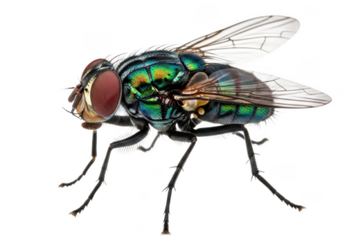 Detailed macro photo of a green bottle fly with red eyes, insect specimen, entomology study, stock image, transparent background, isolated on transparent background