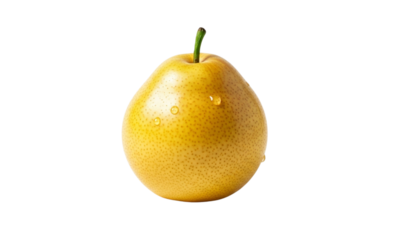 Close-up of a ripe, yellow Asian pear with a short stem and water droplets on its skin, isolated on white.