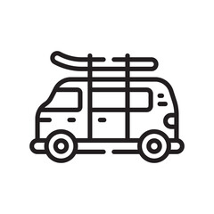 Black outlined van with surfboard on the roof Includes wheels windows and door details