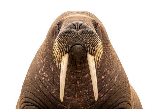Close-up portrait of a walrus featuring prominent tusks, wrinkled skin, and whiskers, sea mammal, ocean animal, wildlife, isolated on transparent background