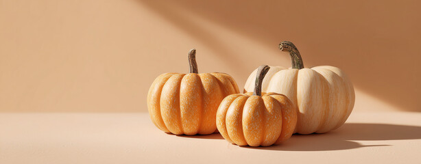 Isolated pumpkin on beige background for Halloween or thanksgiving day , Soft color scheme image suitable for advertising autumn goods, fairs and events.