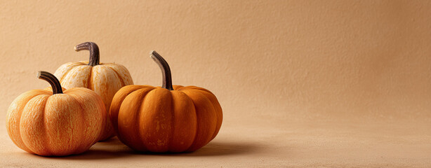 Isolated pumpkin on beige background for Halloween or thanksgiving day , Soft color scheme image suitable for advertising autumn goods, fairs and events.