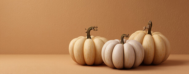 Isolated pumpkin on beige background for Halloween or thanksgiving day , Soft color scheme image suitable for advertising autumn goods, fairs and events.