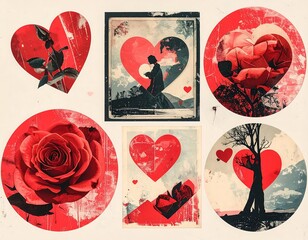 Collage of red hearts and roses in diverse artistic renditions