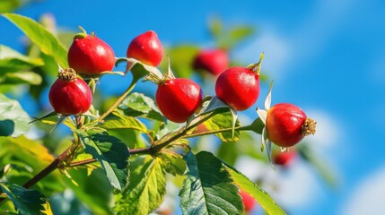 Bright red rosehips glistening on branches against a radiant blue sky background