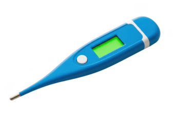 Blue digital thermometer for temperature measurement, medical equipment, healthcare tool, isolated on transparent background