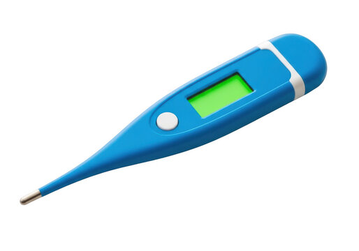 Blue digital thermometer for temperature measurement, medical equipment, healthcare tool, isolated on transparent background
