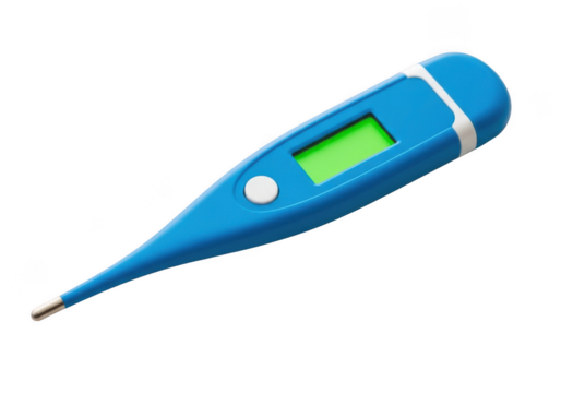 Blue digital thermometer for temperature measurement, medical equipment, healthcare tool, isolated on transparent background