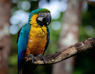 Obraz premium Blue and Gold Macaw Perched on Branch in Tropical Setting Displaying its Colorful Feathers and Distinct Markings While Enjoying Nature's Beauty and Serene Ambiance on Sunny Day