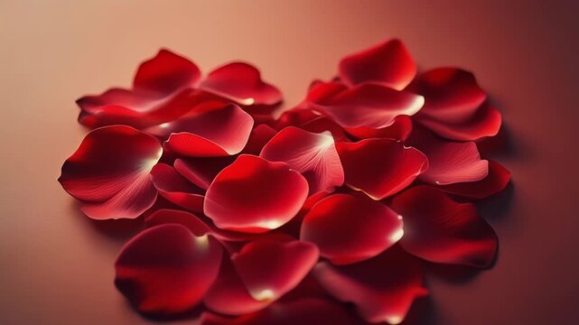 A soft, elegant pile of velvety red rose petals resting on a smooth, monochromatic crimson surface.