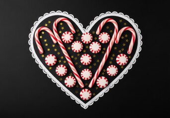 Candy canes and peppermint candy arranged on a heart-shaped doily with gold stars. Festive treat display for Christmas, Valentines Day, or holiday advertising concept.