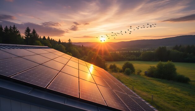 A landscape featuring solar panels reflecting a brilliant sunrise with a flock of birds silhouetted against a golden sky
