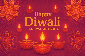 Diwali Background with Traditional Oil Lamps and Floral Pattern Decoration