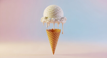 Close-up of Cold Creamy Ice Cream Scoops in Cone