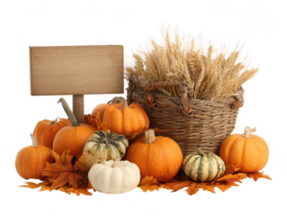 Thanksgiving decoration Autumn harvest basket with pumpkins, pine cone, and wheat with empty wooden board isolated