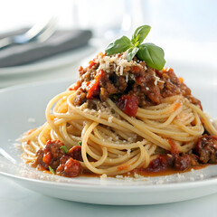 Delicious plate of spaghetti bolognese topped with fresh basil and parmesan cheese