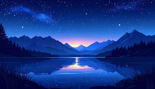 Digitized dusk scene of a lake reflecting the starry night and mountains