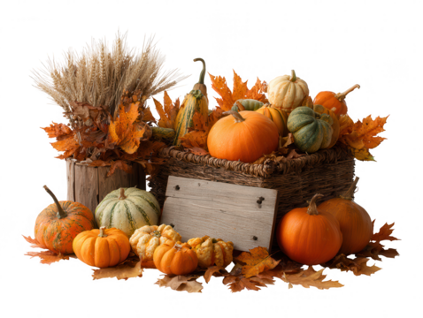 Thanksgiving decoration Autumn harvest basket with pumpkins, pine cone, and wheat with empty wooden board isolated