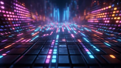 A futuristic digital landscape of glowing neon data streams moving through a virtual cyberspace corridor. - Powered by Adobe