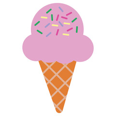 Simple Flat Color Vector Icon of a Pink Ice Cream Scoop with Rainbow Sprinkles, Served on a Waffle Cone, Symbolizing Dessert and Summer