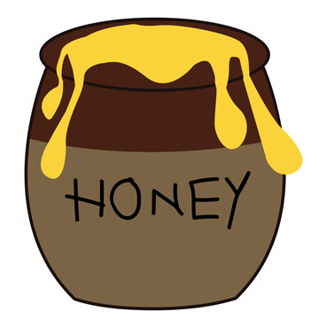 Cute Cartoon Vector Illustration of a "HONEY" Pot Overflowing with Golden Honey, Symbolizing Sweetness and Food