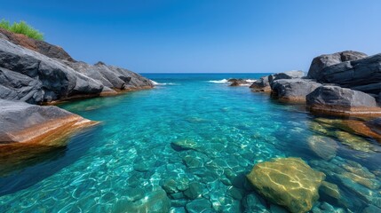 Secluded Rocky Cove With Crystal Clear Turquoise Water Under Bright Sunlight On A Sunny Day With Blue Sky