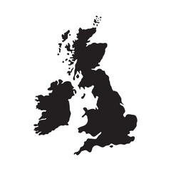Solid Black Silhouette Vector Map of the United Kingdom (UK) and Ireland, Showing Great Britain, Northern Ireland, and the Republic of Ireland