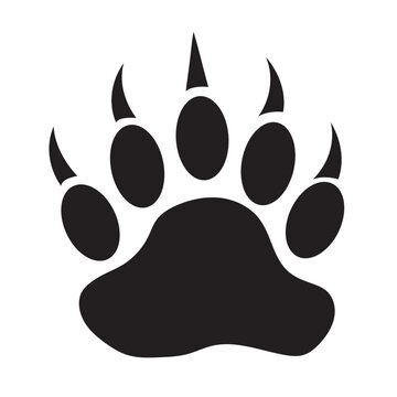 Solid Black Silhouette Vector Icon of a Bear Paw Print, Featuring Five Toes and Sharp Claws, Symbolizing Wildlife, Nature, and Strength