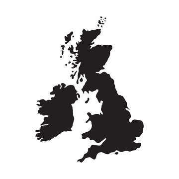 Solid Black Silhouette Vector Map of the United Kingdom (UK) and Ireland, Showing Great Britain, Northern Ireland, and the Republic of Ireland