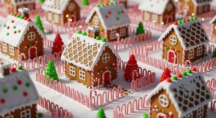 Naklejka premium A charming miniature village of intricately decorated gingerbread houses with candy cane fences, creating a festive holiday scene. Christmas Theme