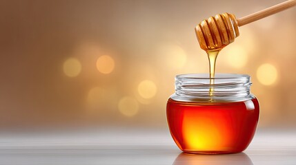 Golden Honey Pouring From Wooden Dipper Into Clear Glass Jar With Soft Bokeh Background Golden Hour Lighting