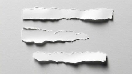 Four pieces of white torn paper with irregular edges and jagged shapes lie on a plain white background,
