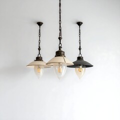 Obraz premium Three antique pendant lights with metal shades against a plain white wall
