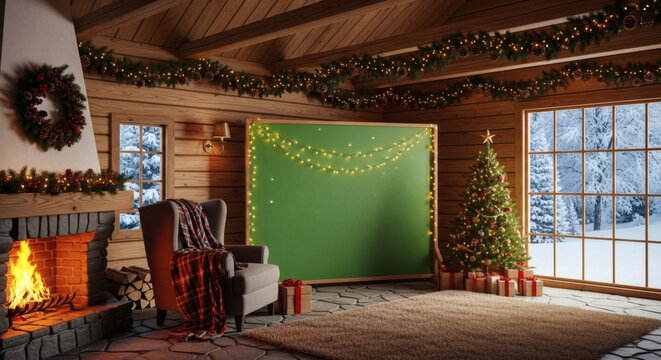 Cozy Christmas interior with fireplace, tree, and festive decorations, inviting warmth.