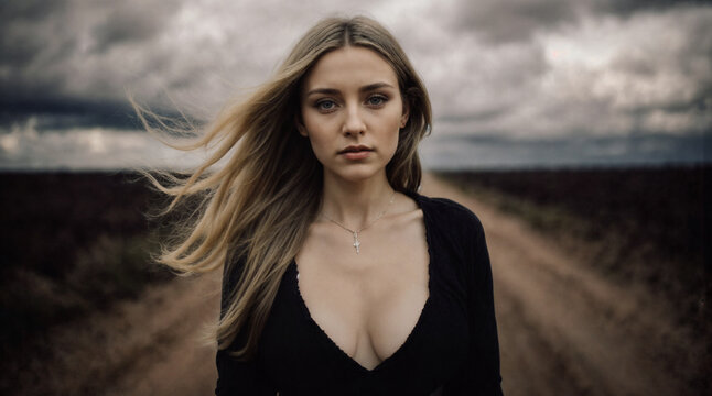 Big bust, deep curve cut necklace
woman on a Dust Road.Prompt:Portrait of a woman with a long blonde flowing hair standing on a rural dirt road under stormy clouds, wind blowing her hair.Pose: Standin