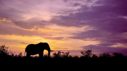 Fototapeta premium Silhouette of an elephant against a vibrant sunset sky with purple pink orange and yellow hues lush vegetation below hor