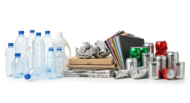 Collection of Recyclable Materials Including Plastic Bottles, Paper, and Aluminum Cans for Environmental Conservation