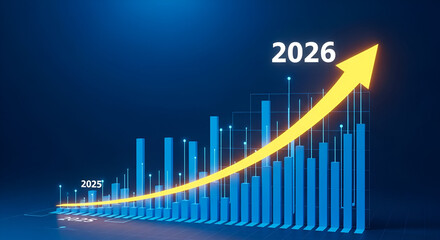 2026 Financial Growth Chart with Yellow Upward Arrow