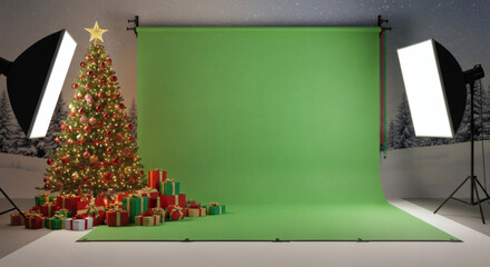 Christmas tree decorated with gifts and lights next to a green screen in a studio setting with lighting equipment.