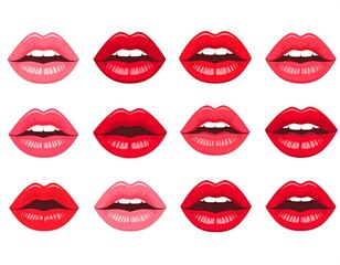 Obraz premium Twelve colorful, vector-style illustrations of open lips with visible teeth