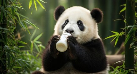 Obraz premium Panda cub drinking milk bottle.