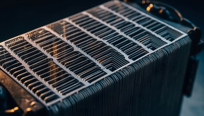Macro shot of a high-density radiator fan array for extreme cooling, showing the intricate fins and metal construction.