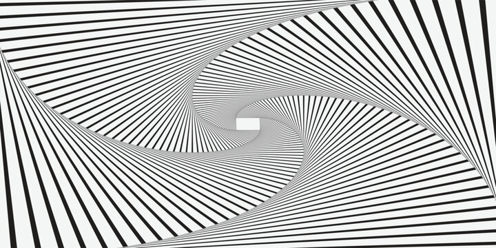 Minimalist optical illusion background. Black and white abstract geometric surface. Op art poster design. Torsion illusion wallpaper. Vector background