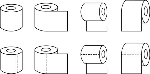 Roll tissue line icons set with paper roll symbols for bathroom, hygiene, cleaning, toilet and household use. Minimalist black vectors designs for sanitary, towel and napkin on transparent background.