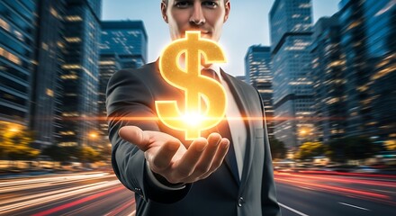 Man holding a glowing dollar sign in his hand with a city background