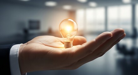 A light bulb glowing brightly held in the palm of a human hand